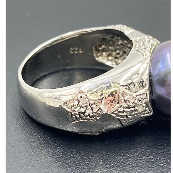 RT Platinum Sterling 12mm Black Cultured Freshwater Pearl Diamond Star Ring 7.25 - Picture 5 of 12